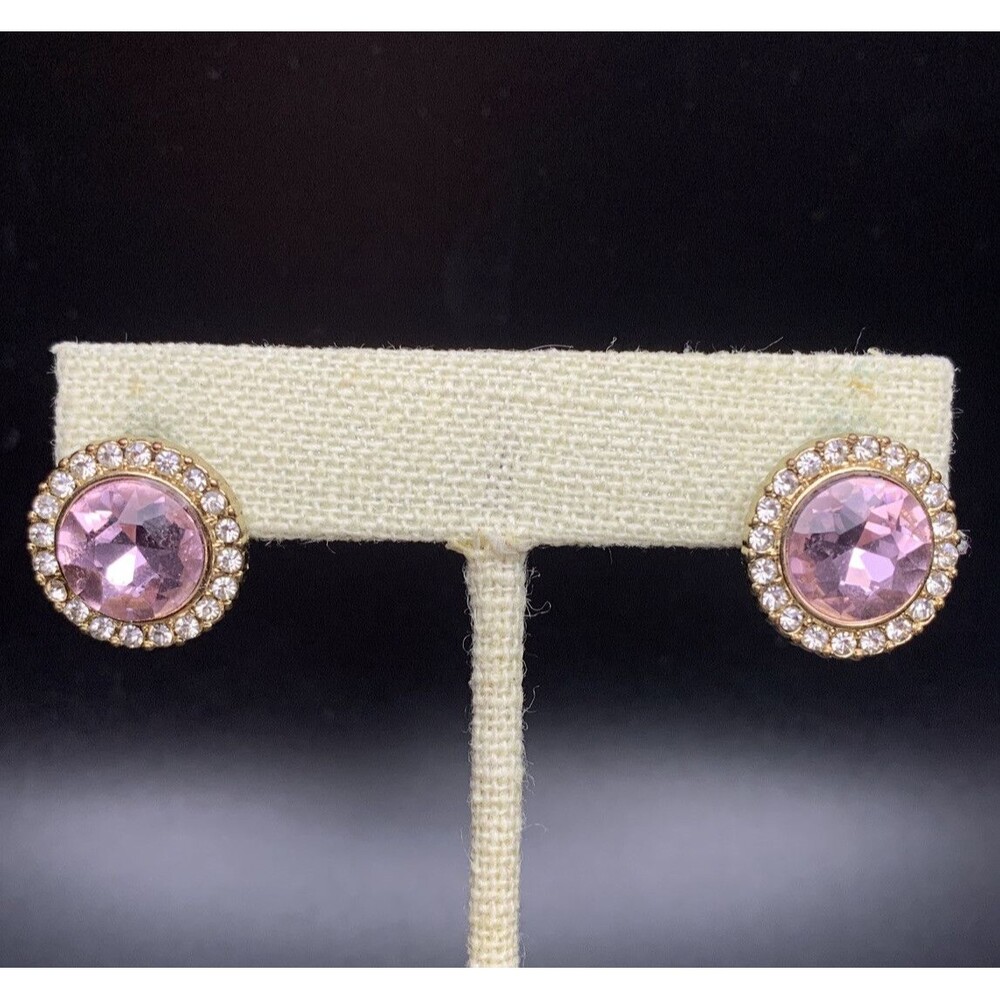 Monet Pink Rhinestone Earrings Pierced Gold Tone Round Classic Signed